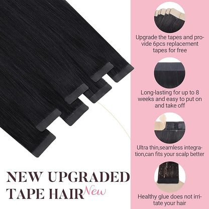 MAXITA Tape in Hair Extensions Human Hair Jet Black 22 Inch Hair Extensions Real Human Hair Invisible Tape in Extensions Seamless Remy Extensions for Women 50g 20pcs
