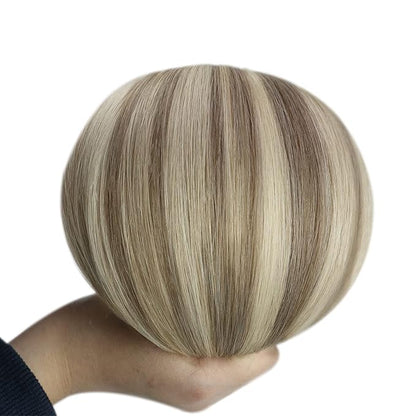 YoungSee Clip in Extensions Highlight Clip on Hair Extensions Human Hair Brown with Blonde Highlights Soft Clip in Hair Extensions Real Human Hair Save Styling Time 16Inch 7Pcs 120G