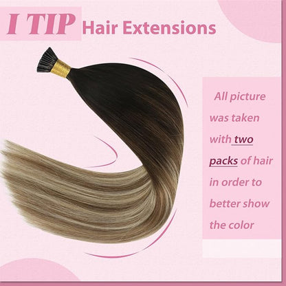 YoungSee I Tips Hair Extensions Balayage Itips Hair Extensions Human Hair Dark Brown Ombre Blonde with Brown Tip Hair Extension for Women Real Hair 16 Inch Pre Bonded Hair Extension for Girl 80s 50g