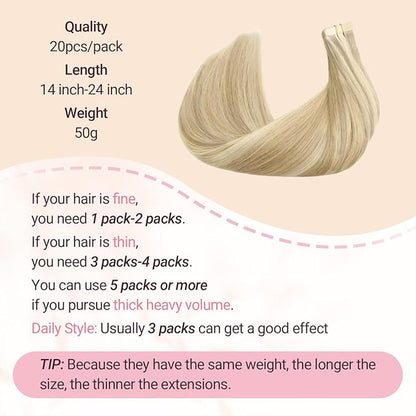 MAXITA Tape in Hair Extensions Human Hair, Balayage Light Blonde Highlighted Golden Blonde Grey Tone 24Inch 50g 20pcs, Thick Ends Straight Seamless Tape ins, Invisible Hair Extensions Real Human Hair