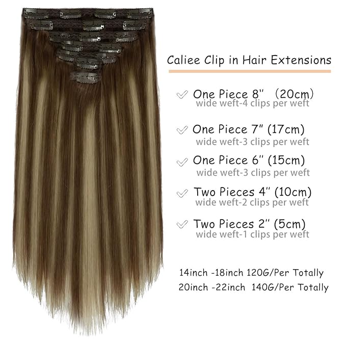 Caliee 20Inch Clip in Human Hair Extensions Silky Straight 140G 7PCS Hair Clip in Extensions R4A-4A/26 Chocolate Brown To Honey Blonde Remy Human Hair Extensions Clip ins for Women