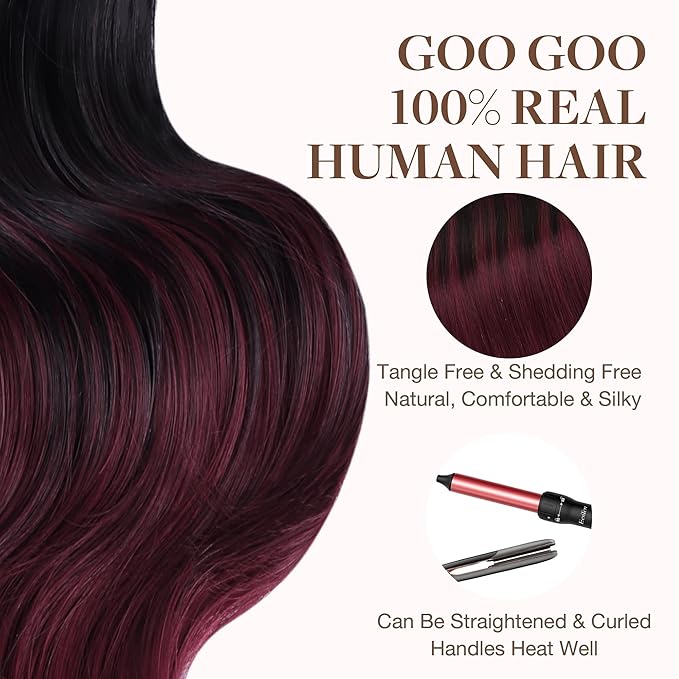 GOO GOO Tape in Hair Extensions Human Hair, 1/99 Balayage Jet Black to Red, 18inch 50g 20pcs, Skin Weft Seamless Invisible, Silky Straight with Thick Ends, Remy Human Hair
