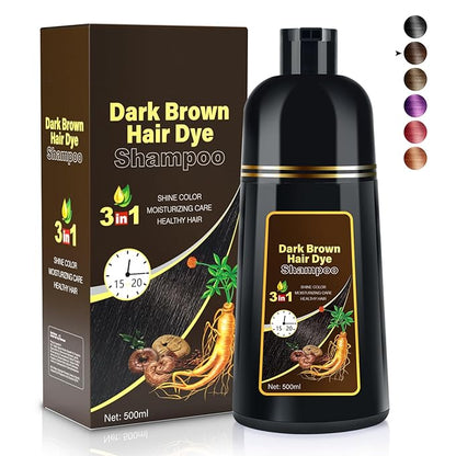 Dark Brown Natural Hair Dye Shampoo 3 in 1, 16.9 Fl Oz/500 ML, Semi-Permanent Gray Hair Coverage, Unisex, Natural Ingredients,