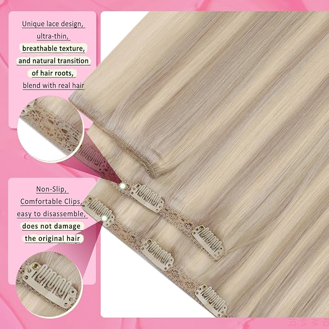 YoungSee 150G Clip in Hair Extensions Blonde Highlight Clip in Extensions Warm Ash Blonde Highlights Bleach Blonde Clip on Hair Extensions Human Hair Add Length and Volume 24Inch