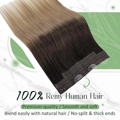 RUNATURE Invisible Wire Hair Extensions Real Human Hair, 20 Inch 100g Transparent Fish Line Human Hair Extensions Brown Ombre Natural Hair, #2/6/18 Dark Brown to Chestnut Brown and Ash Brown