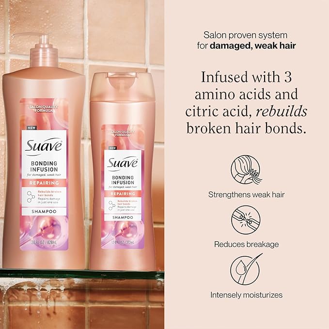 Suave Bonding Infusion Repairing Shampoo 2-Size Bundle, Intense Moisture Restores Shine & Resilience to Weak, Damaged Hair