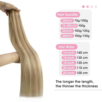 YoungSee Sew in Hair Extensions Blonde Highlight Hair Extensions Sew in Dark Ash Blonde Highlighted Light Blonde Weft Hair Extensions Real Human Hair Highlight Butterfly Weft 22Inch 100G