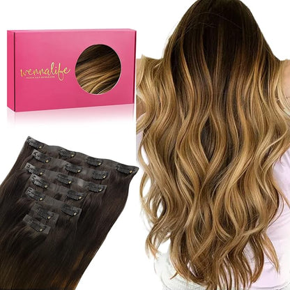 WENNALIFE Seamless Clip In Hair Extensions, 22 Inch 150g 7pcs Dark Brown to Chestnut Brown and Dirty Blonde Hair Extensions Clip in Human Hair Invisible PU Skin Weft Remy Human Hair Extensions