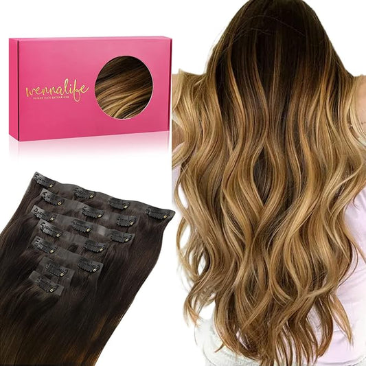 WENNALIFE Seamless Clip In Hair Extensions, 20 Inch 150g 7pcs Dark Brown to Chestnut Brown and Dirty Blonde Hair Extensions Clip in Human Hair Invisible PU Skin Weft Remy Human Hair Extensions