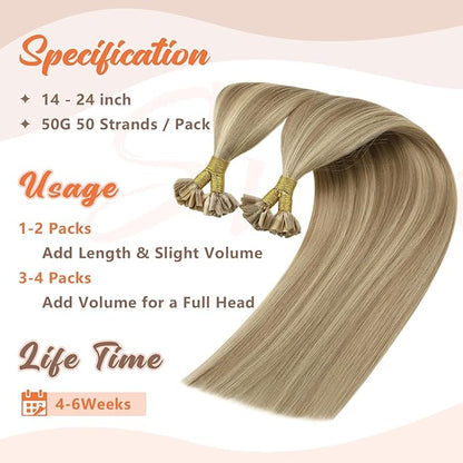 Sunny Golden Blonde U Tip Hair Extensions 18in U Tip Hair Extensions Human Hair Ash Blonde Highlights Light Blonde Utip Human Hair Extensions Hot Fusion Ktip Human Hair Extensions Soft Silky 50g/s