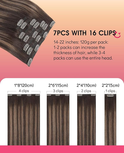 Youngsmile Clip in Hair Extensions Real Human Hair, Human Hair Clip in Extensions, Silky Straight Double Weft, 18 Inch 120 Gram 7 Pcs,Balayage Dark Brown to Chestnut Brown (CLIP#2/6/2-18Inch)