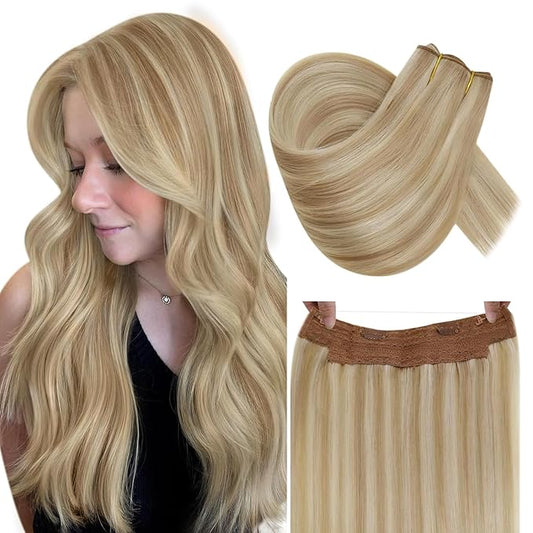 RUNATURE Wire Human Hair Extensions, Invisible Wire Hair Extensions Real Hair for Women, One Piece Clip in Fish Line Extensiosn, Doubel Weft Remy Brazilian Natural Hair, 18 Inch 80g #18P613