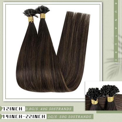 RUNATURE U Tip Hair Extensions Human Hair 22 Inch Straight U Tip Human Hair Extensions Balayage Dark Brown to Ash Brown with Dark Brown Pre Bonded Hair Extensions Remy Hair Silky 50g 50 Strands