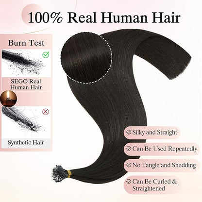 Nano Bead Human Hair Extensions - Nano Bond & Tip Extensions - Silky Straight Natural 50g/50 Stands 20" Natural Black