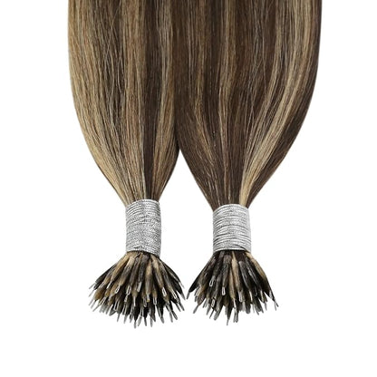 YoungSee Nano Hair Extensions Real Human Hair Brown Nano Beads Hair Extensions Human Hair Dark Brown Highlight Caramel Blonde for Long Hair Silky Straight Natural Looking 24in 50s 50g