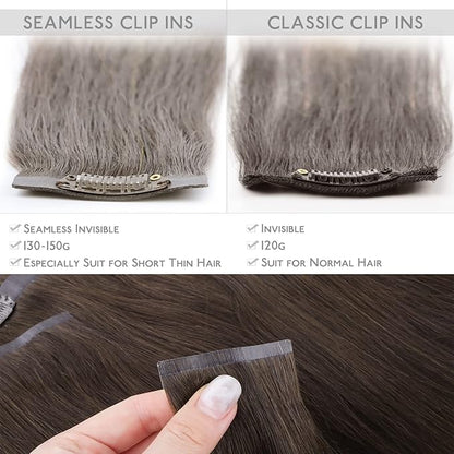 WENNALIFE Seamless Clip In Hair Extensions, 14 Inch 130g 7pcs Light Dark Brown Hair Extensions Clip in Human Hair Invisible PU Skin Weft Natural Remy Human Hair Extensions