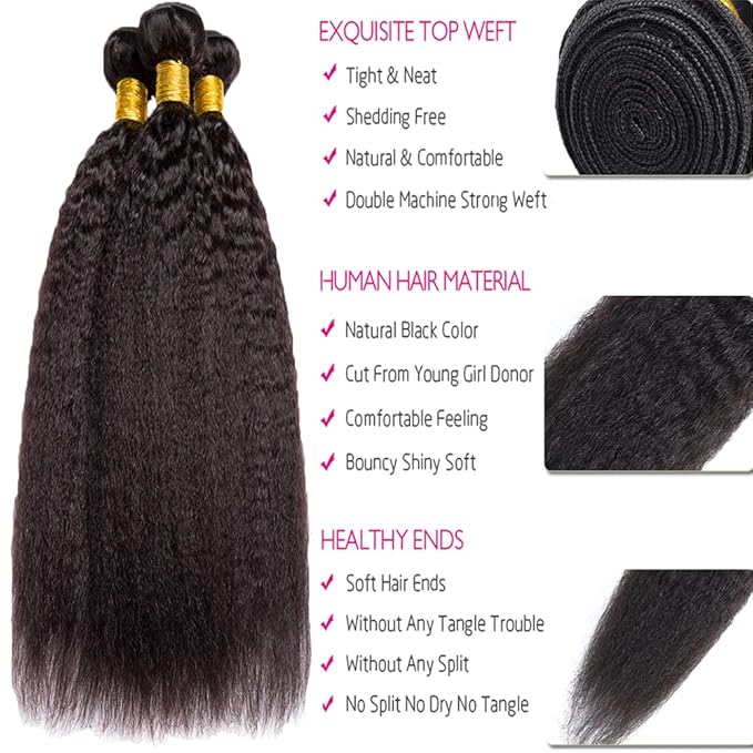 #1B Yaki Human Hair Bundles Natural Color Kinky Straight Bundles Brazilian Human Hair Extensions Soft and Silky for Women Kinky Straight 20 22 24 Inch