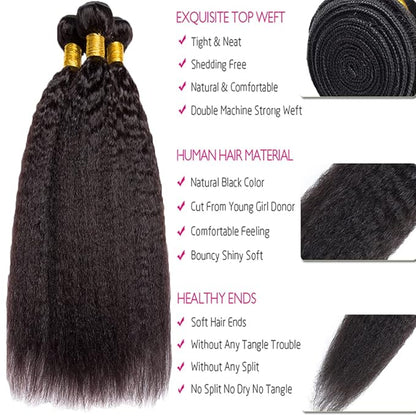#1B Yaki Human Hair Bundles Natural Color Kinky Straight Bundles Brazilian Human Hair Extensions Soft and Silky for Women Kinky Straight 20 22 24 Inch