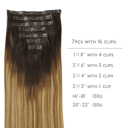 WENNALIFE Seamless Clip In Hair Extensions, 20 Inch 150g 7pcs Dark Brown to Chestnut Brown and Dirty Blonde Hair Extensions Clip in Human Hair Invisible PU Skin Weft Remy Human Hair Extensions