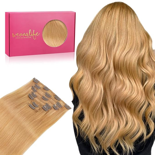 WENNALIFE Clip in Hair Extensions Real Human Hair, 24 Inch 120g 7pcs Human Hair Extensions Clip In Human Hair, Strawberry Blonde Hair Extensions Clip In Real Hair Coloured Remy Human Hair Extensions