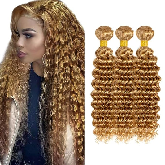 #27 Blonde Bundles Human Hair Deep Wave Bundles 16 16 16 Inch Unprocessed Brazilian Virgin Hair Weave 3 Bundle 50 Grams Per Bundle Honey Blonde Human Hair Extensions