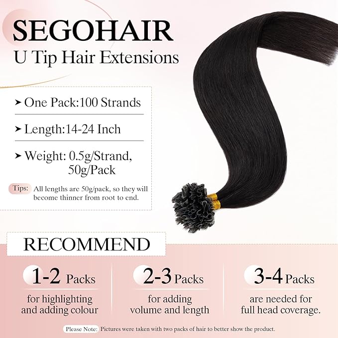 U Tip Hair Extensions Human Hair Pre Bonded Extensions Keratin Fusion Extensions K Tip Hair Extensions Real Human Hair Silky Straight Natural 50g/100 Stands 20" Natural black