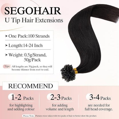 U Tip Hair Extensions Human Hair Pre Bonded Extensions Keratin Fusion Extensions K Tip Hair Extensions Real Human Hair Silky Straight Natural 50g/100 Stands 20" Natural black