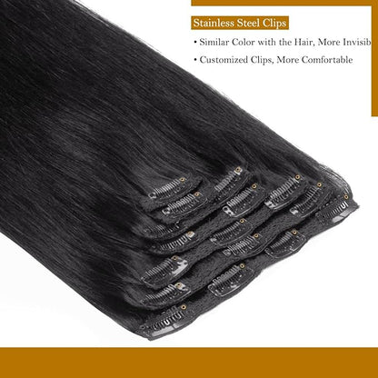 Loxxy 16 Inch New Version Thickened Double Weft Brazilian Hair 100% Human Remy Hair 9A Grade Black Human Hair Extensions Jet Black #1 120g 7 pcs 16 Clips