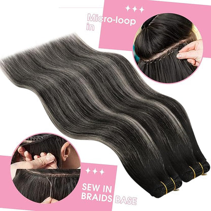 YoungSee Weft Hair Extensions Ombre Black Sew in Hair Extensions Real Human Hair Blend of Black and Silver with Black Roots Human Hair Weft Extensions for Short 100G 14Inch
