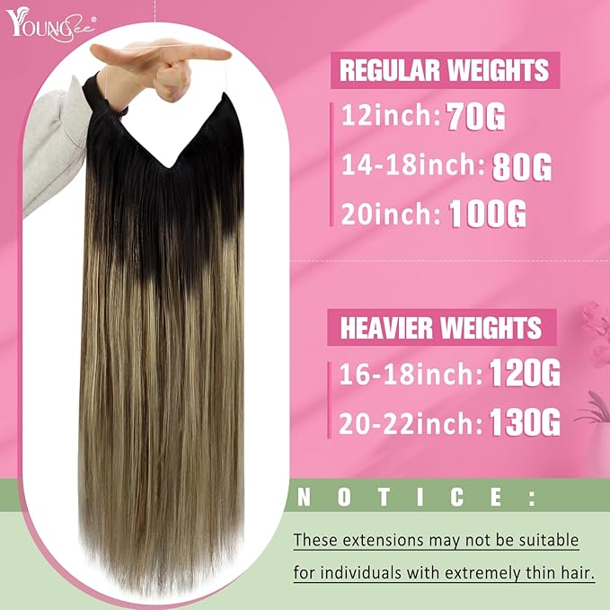 YoungSee Wire Hair Extensions Balayage Wire Hair Extensions Human Hair Invisible Fish Line Hair Extensions Dark Brown Roots Blending into Medium Brown with Warm Blonde Highlights 14Inch 80G
