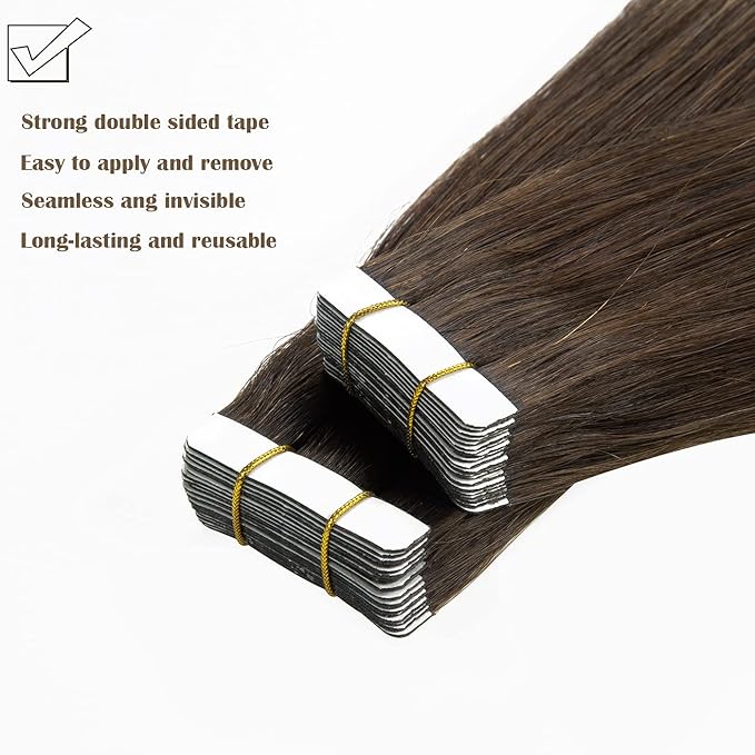 Anrosa Tape in Hair Extensions Human Hair Ombre Darker Brown to Light Golden Brown Silky Straight Real Hair Extensions Human Hair 20pcs/set 50g 14 Inch