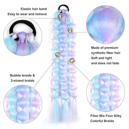 2 Pcs 22 Inch Lightweight Bubble Ponytail Extensions, Fiber Mix Four Silky Colorful Braids with Hair Tie, Crazy Hair Day, Festival Rave Accessories for Girls (Pink/Blue/Purple/Light Cyan#)