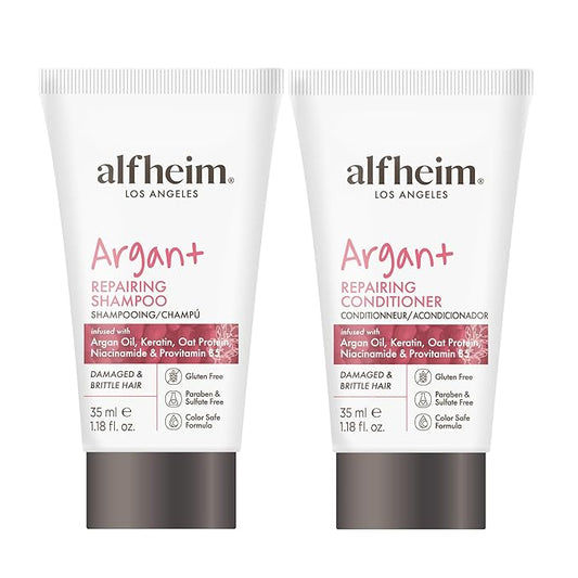 ALFHEIM Argan Repairing Shampoo & Conditioner Travel Set | Sulfate-Free&Paraben-Free | Argan Oil, Keratin & Niacinamide for Dry, Damaged, Color-Treated Hair | Hydrating, Strengthening & Anti-Frizz