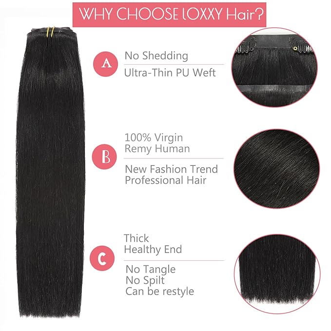 Loxxy Seamless Clip in Hair Extensions 16Inch 130G 7Pcs Jet Black Remy Hair Extensions Clip in Human Hair Invisible PU Skin Weft Natural Real Human Hair Extensions Silky Straight