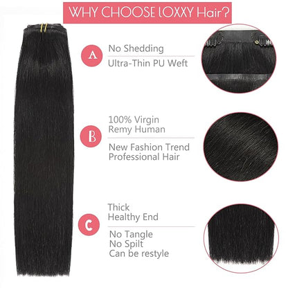 Loxxy Seamless Clip in Hair Extensions 16Inch 130G 7Pcs Jet Black Remy Hair Extensions Clip in Human Hair Invisible PU Skin Weft Natural Real Human Hair Extensions Silky Straight