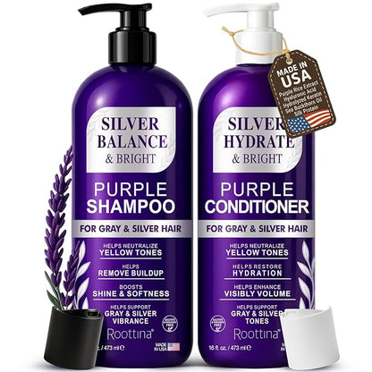Sulfate Free Brass Toning Purple Shampoo and Conditioner Set for Gray, Blonde, Silver & White Hair – Neutralizes Brassy Tones, Boosts Brightness, Protects Color, Made in USA, 16 fl oz Each