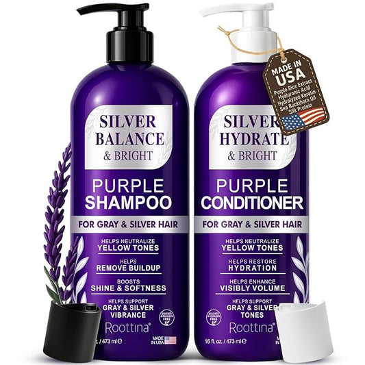 Sulfate Free Brass Toning Purple Shampoo and Conditioner Set for Gray, Blonde, Silver & White Hair – Neutralizes Brassy Tones, Boosts Brightness, Protects Color, Made in USA, 16 fl oz Each