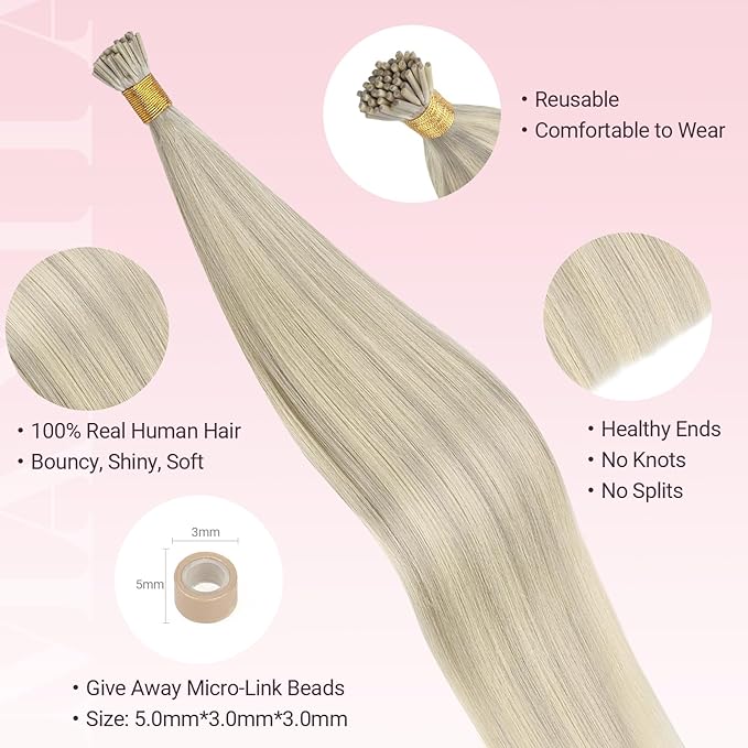 MAXITA I Tip Hair Extensions Human Hair,50g/50s Ash Blonde Highlighted Platinum Blonde 20 Inch Comfortable Wear, Invisible & Natural Cold Fusion, 100% Remy Human Hair Itip Keratin Hair Extensions