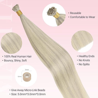 MAXITA I Tip Hair Extensions Human Hair,50g/50s Ash Blonde Highlighted Platinum Blonde 20 Inch Comfortable Wear, Invisible & Natural Cold Fusion, 100% Remy Human Hair Itip Keratin Hair Extensions