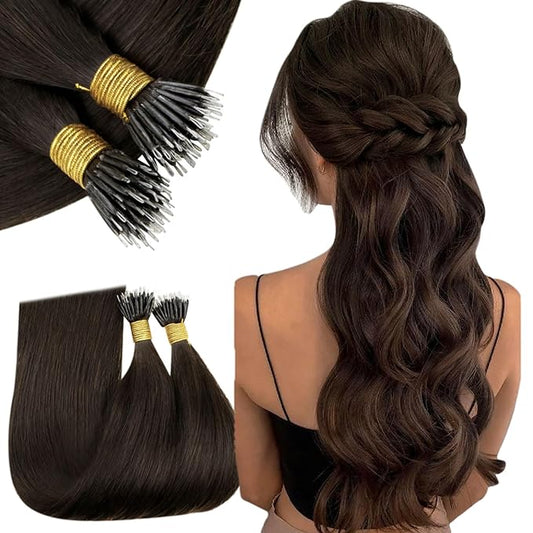 RUNATURE Nano Bead Hair Extensions Human Hair Dark Brown Cold Fusion Nano Link Human Hair Extensions Natural Nano Ring Extensions Real Human Hair Silky 14 Inch 50 Gram 50s