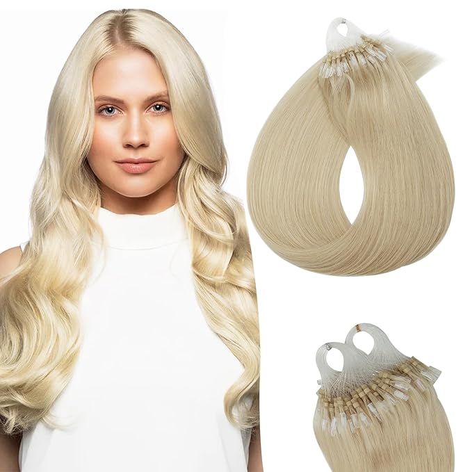 Micro Link Hair Extensions Human Hair for Women - Silky Straight Natural Bead/Loop/Ring Extensions - 50g/100 Stands 14" Platinum Blonde