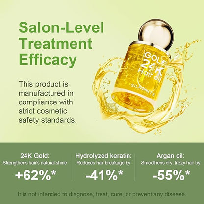 24K Gold & Argan Hair Oil Treatment – 100% Plant-Based Extract, Nourishes & Strengthens, Boosts Shine & Controls Frizz, Non-Greasy Formula for All Hair Types, 1.69 fl oz