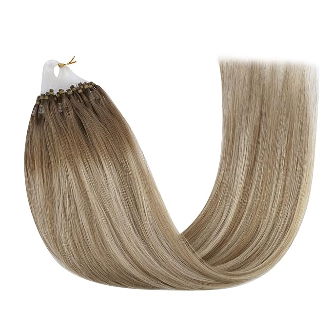 YoungSee Micro Link Hair Extensions Human Hair Ombre Microloop Hair Extensions Human Hair Balayage Light Brown with Blonde Bead Hair Extensions Real Human Hair for Long Hair 24 Inch 50s 50g