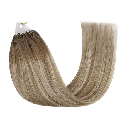 YoungSee Micro Link Hair Extensions Human Hair Ombre Microloop Hair Extensions Human Hair Balayage Light Brown with Blonde Bead Hair Extensions Real Human Hair for Long Hair 24 Inch 50s 50g