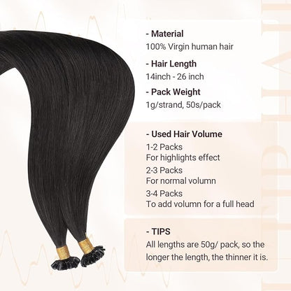 MAXITA U Tip Hair Extensions Human Hair, Natural Black Hair Extensions Real Human Hair, 50g/50 Strands/Pack, 24 In Virgin Human Hair