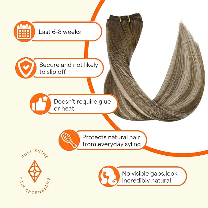 Full Shine 20 Inch Human Hair Extensions Sew In Hair Extensions Real Human Hair Color Chestnut Brown Fading To Platinum Blonde Mix Brown Hair Weft Sew In Weft Extensions For Women 105G