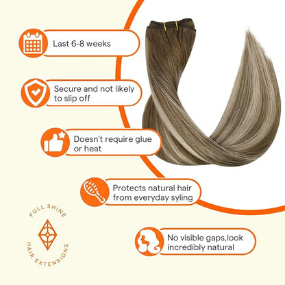 Full Shine 20 Inch Human Hair Extensions Sew In Hair Extensions Real Human Hair Color Chestnut Brown Fading To Platinum Blonde Mix Brown Hair Weft Sew In Weft Extensions For Women 105G