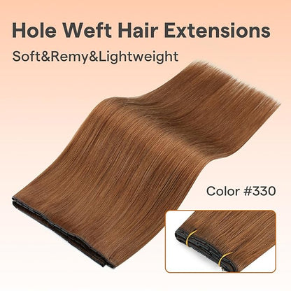 Full Shine Butterfly Weft Hair Extensions Color Copper Brown Hair Extensions Pu Hole Weft Extensions Genius Weft Extensions Real Hair 16 Inch Double Sided Hair Weave Bundles 80G