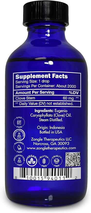 Clove Oil, Food Grade, for Teeth and Gums, Tooth Aches – 100% Pure, Clove, Bud, Essential, Oil, by Zongle Therapeutics, 4 OZ