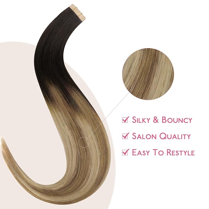 WENNALIFE Tape in Hair Extensions Human Hair Dark Brown to Chestnut Brown and Dirty Blonde Highlighted Tape in Extensions, 10pcs 30g 24 inch Remy Invisible Tape Ins Straight Colored Soft Refill Set